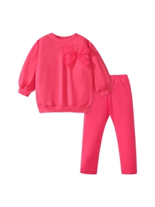 Pink two-piece girls cotton sweatshirt and pants set with large tulle bow detail