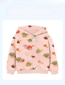 Pink cotton hooded jacket for kids featuring all-over cartoon dinosaur prints