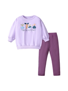 Completo bambina con felpa lilla a maniche lunghe ricamata e pantaloni viola scuro