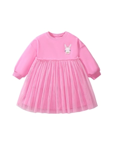 Pink long-sleeve cotton girl dress with cute rabbit embroidery and fluffy tulle skirt