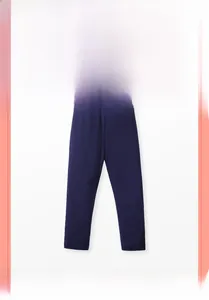 Detail of girls navy blue cotton leggings with elastic waistband and high stretch knit fabric