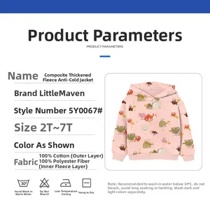 Detailed size chart and fabric composition for cotton padded dinosaur print toddler jacket