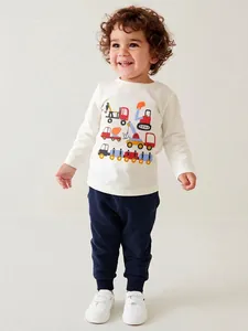 Boys Cotton Long Sleeve T-Shirt Pants Set Cartoon Construction Vehicle Print Two Piece Autumn Casual Kids Clothing Top Joggers
