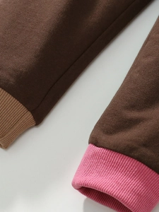 Kids cotton autumn tracksuit featuring contrast color ribbed cuffs in pink and khaki