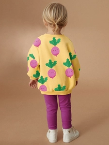 Girl's yellow cotton sweatshirt and purple ribbed leggings set with cartoon carrot prints