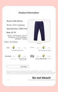 Detail showing fabric composition 27% cotton and 69.5% polyester for navy blue girl leggings