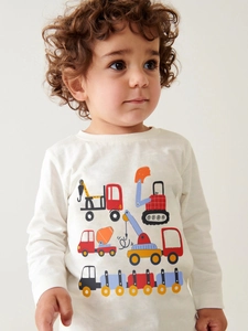 Toddler long sleeve cotton T-shirt featuring colorful cartoon construction vehicle prints