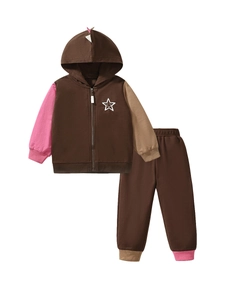 Kids dinosaur zip-up hoodie and pants set with star graphic and color-block sleeves