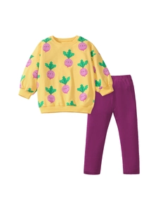 Toddler girl two-piece autumn set with yellow carrot print sweatshirt and purple ribbed pants