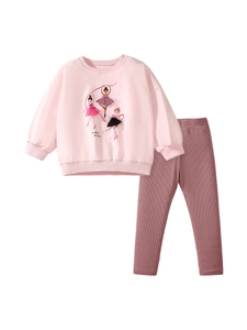 Mädchen Sweatshirt-Set in Rosa mit Balletttänzerin-Druck und dunkelrosa Ripphose