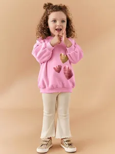 Girls Autumn Long Sleeve Sweatshirt And Flare Pants Outfit Set Sequin Heart Ribbed Casual Children Cotton Clothing