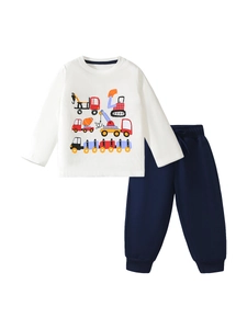 Boys long sleeve t-shirt set with cartoon construction trucks and navy knit pants