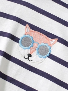 Ensemble rayé pour fille en coton avec broderie détaillée de renard et lunettes fleurs