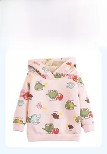 Detail view of pink dinosaur hoodie showing warm fleece lining and ribbed cuffs