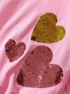 Pink cotton long sleeve toddler girl set with golden and pink sequin heart embroidery
