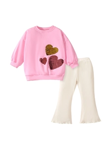 Pink heart sweatshirt with sequin design and cream flared pants two-piece girl set