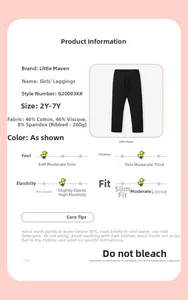 Detailed fabric chart for girls' ribbed cotton leggings showing material and care icons