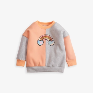 Kids long sleeve sweatshirt with asymmetric grey pink panels and sequin rainbow motif