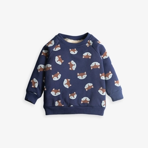Navy blue cotton sweatshirt for children with warm fleece lining and fox print patterns