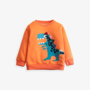 Bright orange long sleeve kids cotton sweatshirt featuring a blue dinosaur applique