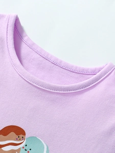 T-shirt fille en coton lavande avec imprimé dessert de dessin animé et col rond doux