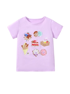 T-shirt fille en coton violet clair avec illustrations de desserts de dessins animés