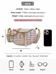 Detailed size guide for tweed dumpling bag showing dimensions 22x15x8cm and capacity
