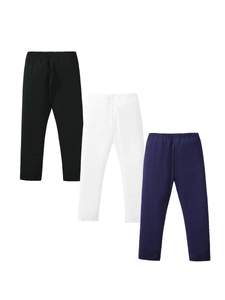 Three-pack of girls' ribbed cotton leggings in black, white, and navy blue colors