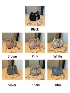 Πλέγμα εμφάνισης mini bucket τσαντών με στρας σε επτά χρώματα και κομψά μαργαριτάρια