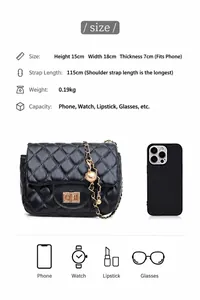 Größentabelle der gesteppten Umhängetasche mit Goldkette und Smartphone-Kapazität