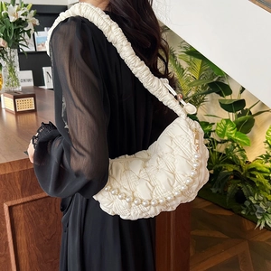 White quilted cloud underarm bag with pearl chain and ruched strap for women