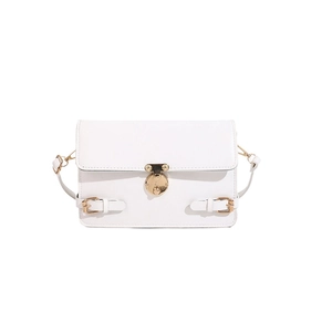 Minimalist white faux leather crossbody flap bag with golden round swivel lock closure
