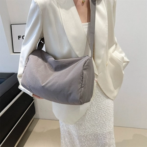 Japanese style gray fabric crossbody pillow bag with wide strap for daily casual wear