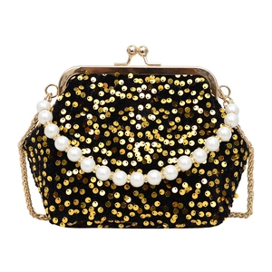 Pochette de soirée noire scintillante avec paillettes dorées, perles et bandoulière
