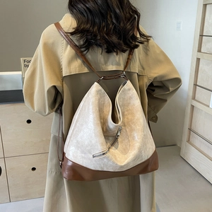Retro contrast color large capacity leather backpack for women stylish commute tote