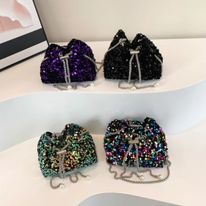 Sequin drawstring bucket bag with silver chain and pearl details in four vibrant colors