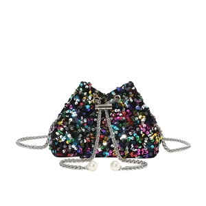 Sparkly multi-color sequin bucket bag with silver chain strap and pearl drawstring detail