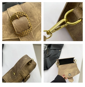 Close-up of vintage bronze buckle and hardware on brown canvas crossbody bag