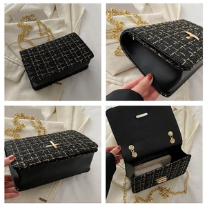 Detailansicht der Tweed-Umhängetasche mit Goldkette, Drehverschluss und Innenraumaufteilung