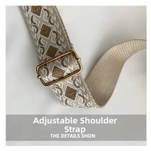 Detail of adjustable canvas shoulder strap with vintage brown diamond geometric embroidery