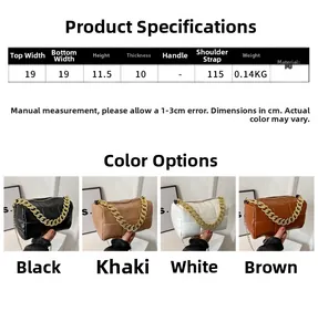 Detailed size chart and multi-color options for quilted chain crossbody square bag