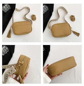 Khaki pebbled leather crossbody bag with jacquard strap and tassel zip detail