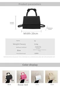 Detailed size chart and specs for the woven texture square crossbody bag in four colors