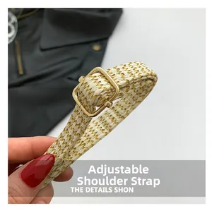 Detail of adjustable woven shoulder strap with gold buckle on crossbody bag