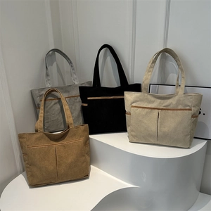 Retro large capacity corduroy tote bag in four colors with functional front pockets