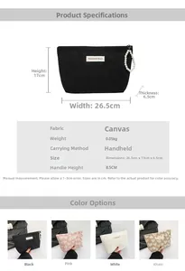 Detailed size specifications for a canvas heart-quilted vanity bag with pearl handle