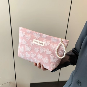 Women Heart Embossed Canvas Makeup Bag Large Capacity Travel Cosmetic Toiletry Storage Bag With Artificial Pearl Handle Fashion Handbag