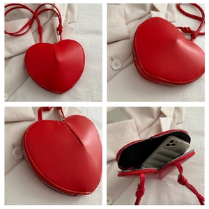 Detailed four-view grid of red heart-shaped leather crossbody bag with top zipper