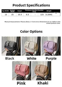 Mini PU leather crossbody bag dimensions and colors showing silver chain and twist lock