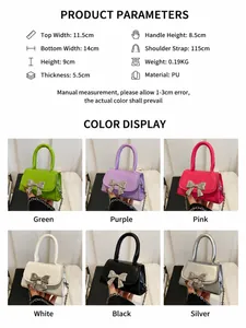 Detailed size chart for a mini PU leather crossbody bag with metal bow and chain strap